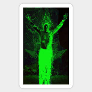 Portrait, digital collage and special processing. Shirtless man, stands. All chakras opened. Mystic. Green. Sticker